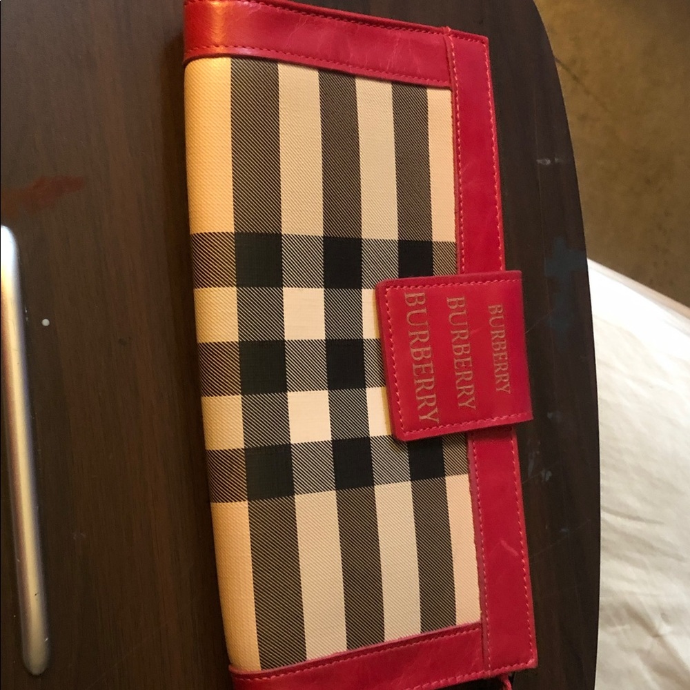 Burberry Beige/Black Check Wallet with Red Leather Trim